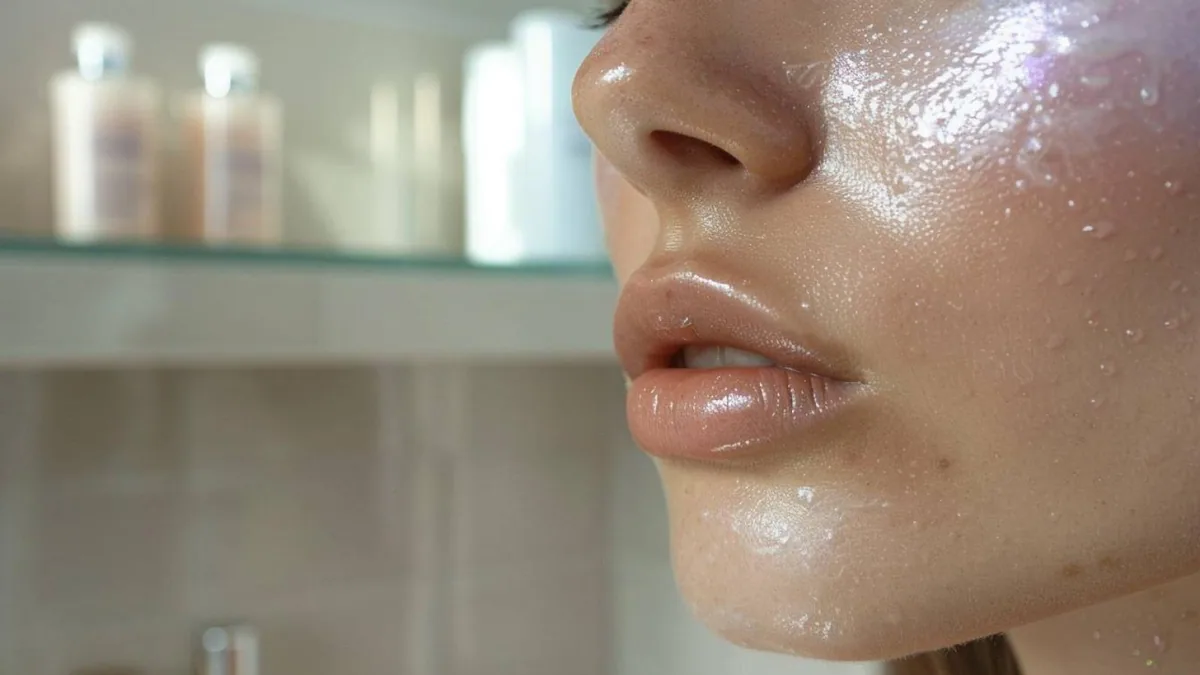 Texture de crème légère appliquée sur une joue au fini mat, avec pot de soin à côté