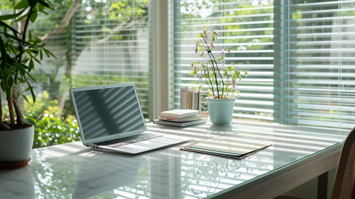 Bureau épuré avec ordinateur portable, carnet, plante et liste de tâches priorisées