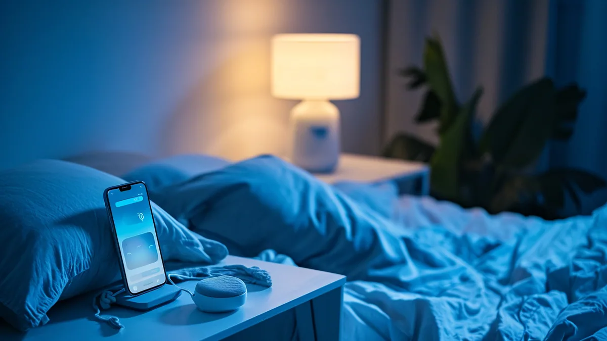 Personne dormant avec une montre connectée tandis qu’une application de suivi affiche des données de sommeil