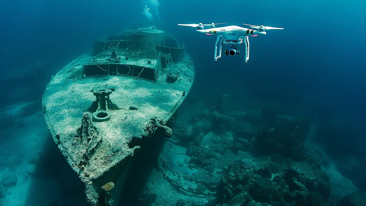 ROV éclairant une épave ancienne sur le fond marin pendant une mission archéologique