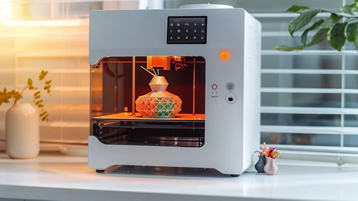 Pièce mécanique complexe produite par impression 3D avec ordinateur affichant un modèle CAO