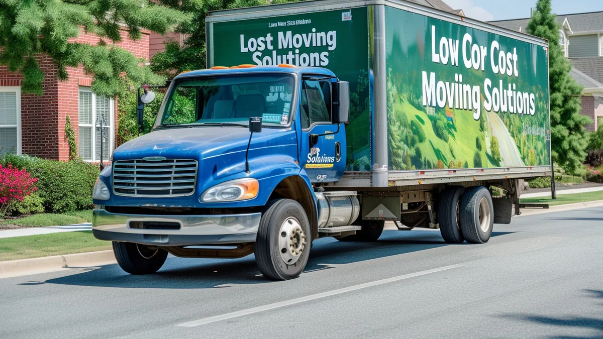 Camion de déménagement stationné devant un immeuble avec cartons et chariot de transport