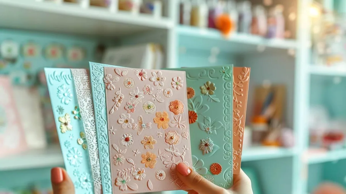 Carte faite main avec papiers colorés, fleurs découpées, outils de découpe et enveloppe assortie