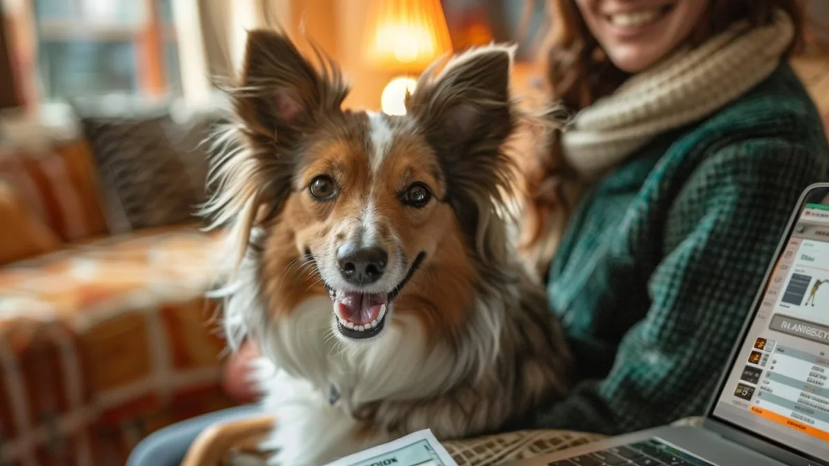 Chien accompagné de son maître chez le vétérinaire avec factures et documents d’assurance sur une table