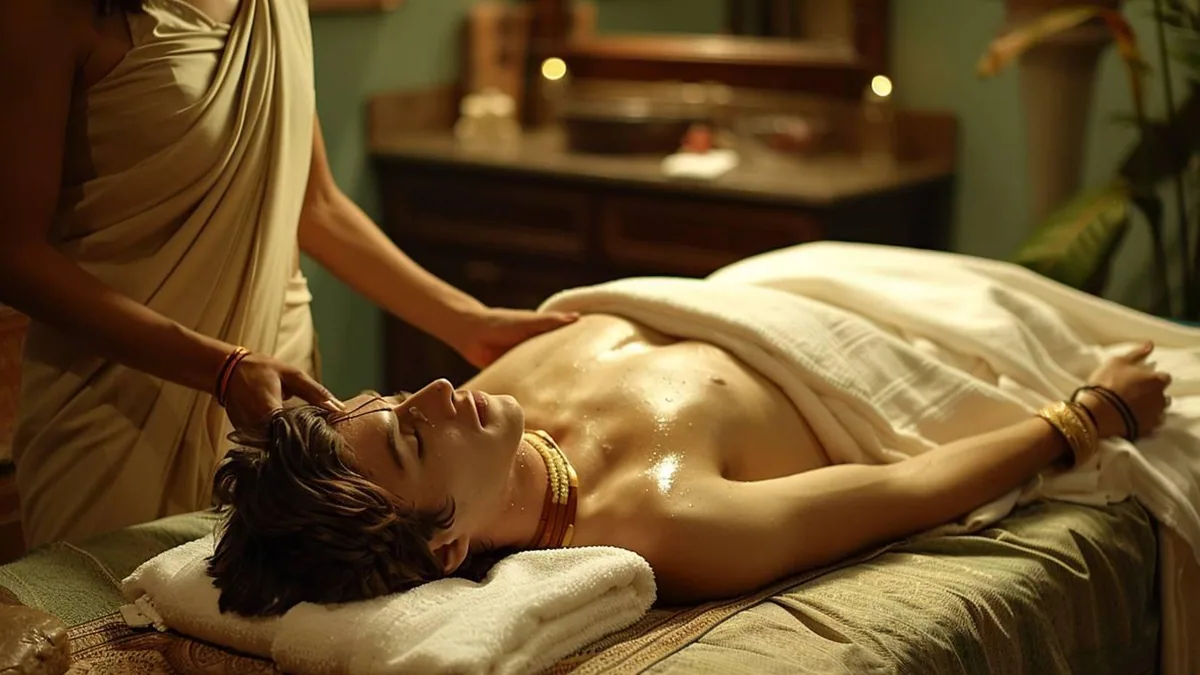 Praticienne appliquant de l’huile sur le dos d’une personne allongée lors d’un massage ayurvédique