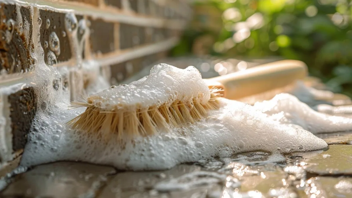 Mur de briques rouges nettoyé avec une brosse douce, un seau d’eau et des protections