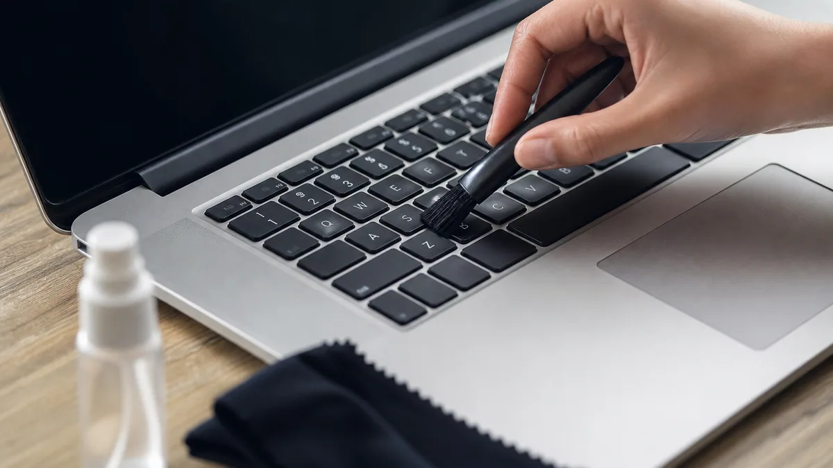 Clavier d'ordinateur portable nettoyé de près avec un chiffon microfibre et une bombe à air