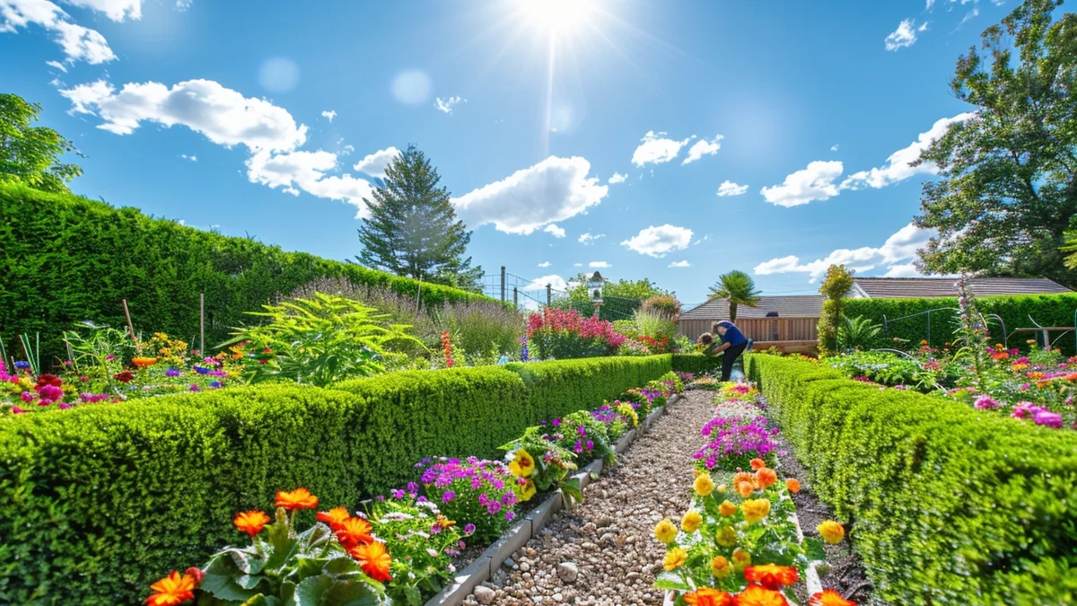 Jardin organisé avec terrasse, allée en gravier, massifs fleuris, potager et coin détente végétalisé