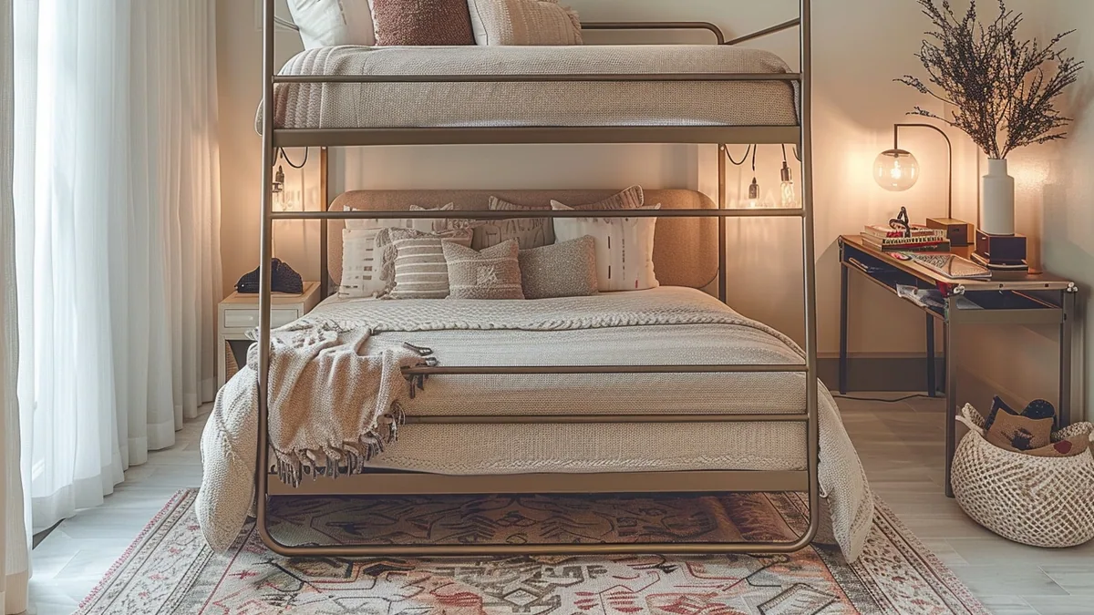 Lit superposé mezzanine en bois personnalisé avec rideaux, rangements et éclairage doux dans une chambre