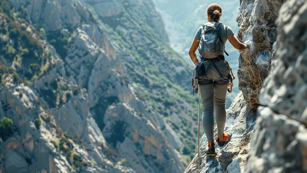 Pratiquante équipée d’un casque et d’une longe sur une via ferrata rocheuse dominant une vallée