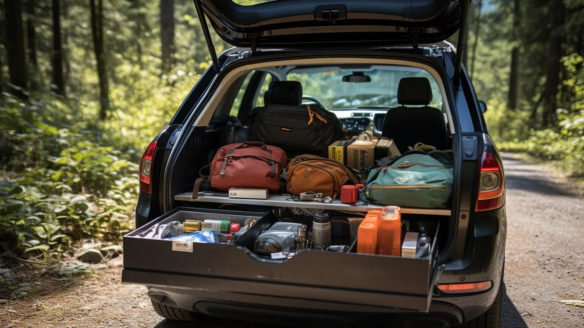 Voiture familiale chargée et garée sur une route avant le départ pour un long voyage