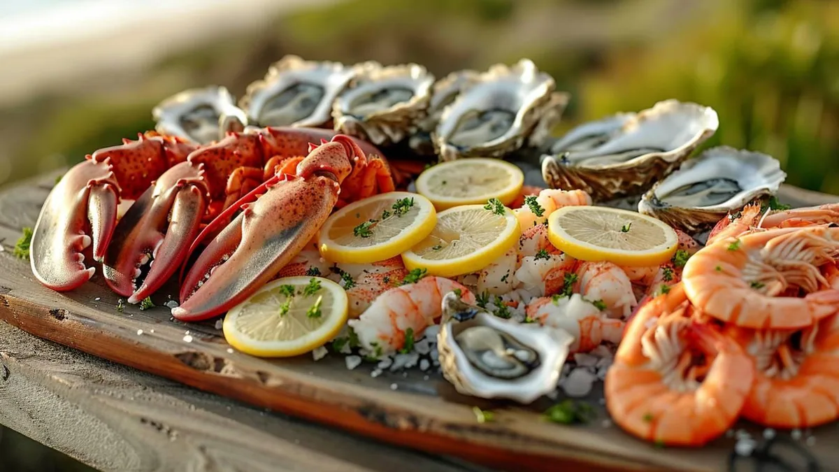 Plateau de fruits de mer sur glace avec huîtres, crustacés, coquillages, citron et sauces