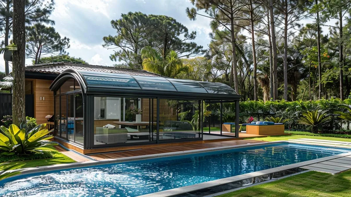 Abri de piscine haut fermé et verrouillé dans un jardin avant une forte intempérie