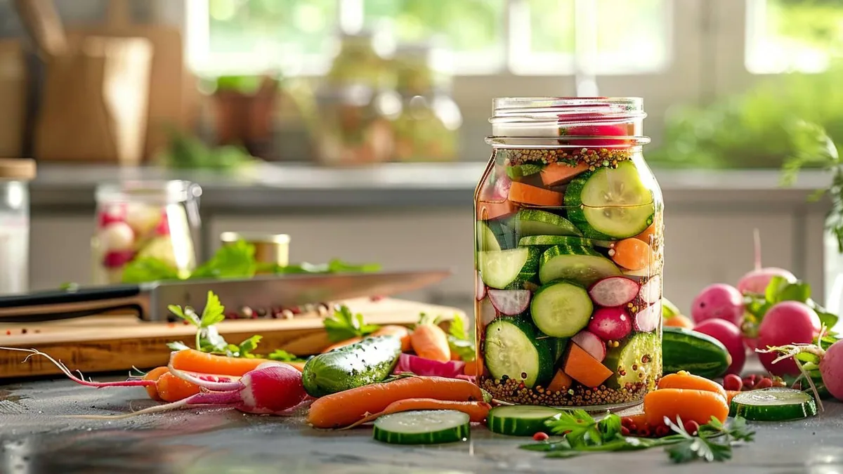 Bocal de carottes, radis et chou-fleur lacto-fermentés dans une saumure avec herbes et épices