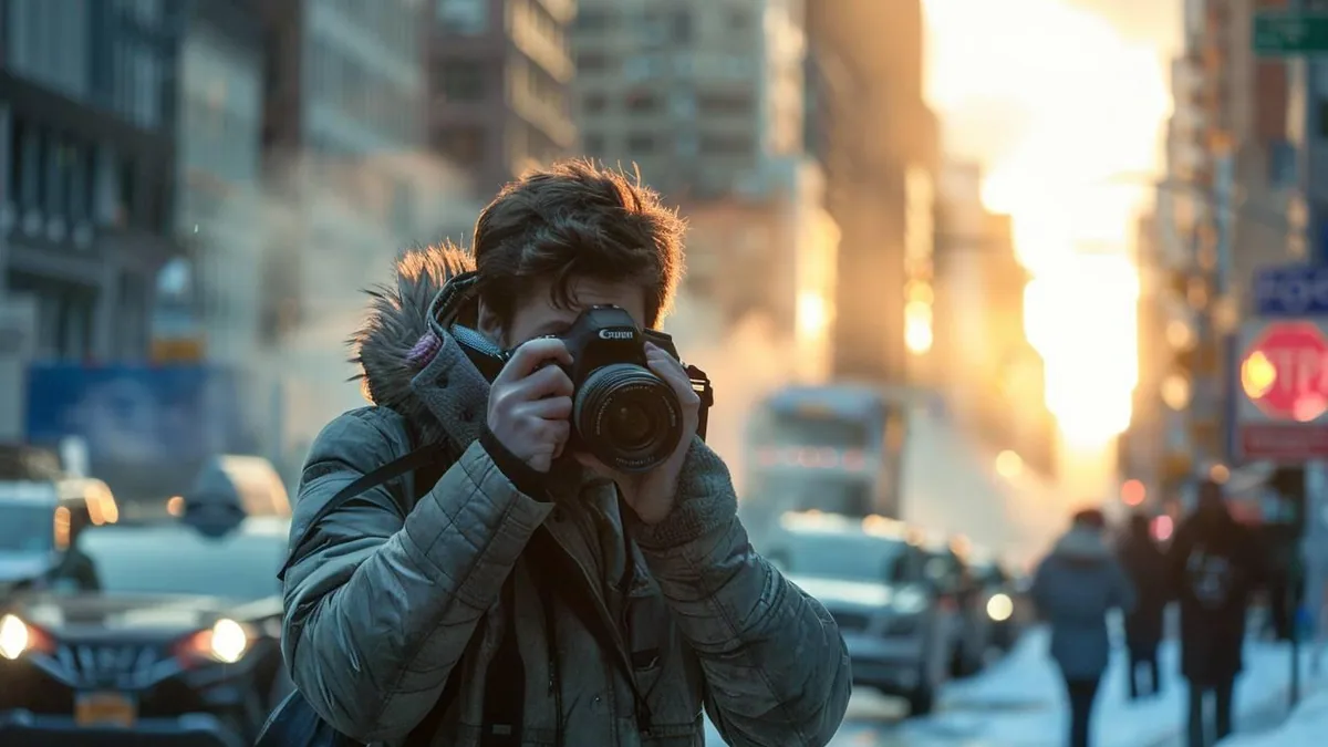 Photographe cadrant une scène animée avec son appareil lors d’un reportage sur le terrain
