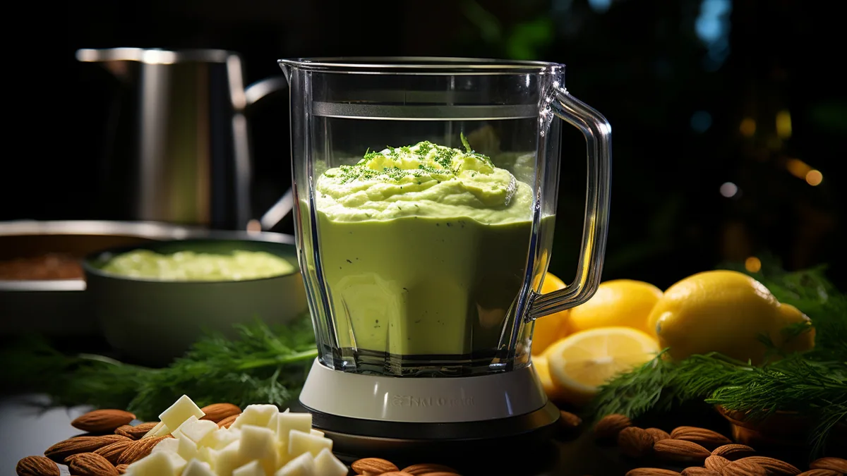 Bol de purée de pois cassés crémeuse, garni d’herbes fraîches et servi avec une cuillère