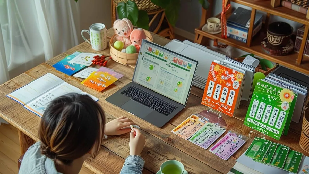 Carnet de japonais ouvert avec kana, fiches de vocabulaire, stylo et écouteurs sur un bureau