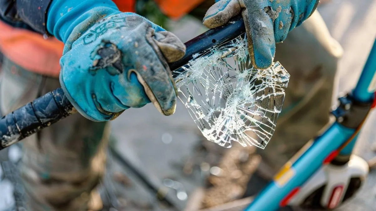 Gros plan sur le tableau de bord fissuré d’une trottinette électrique, guidon et câbles visibles
