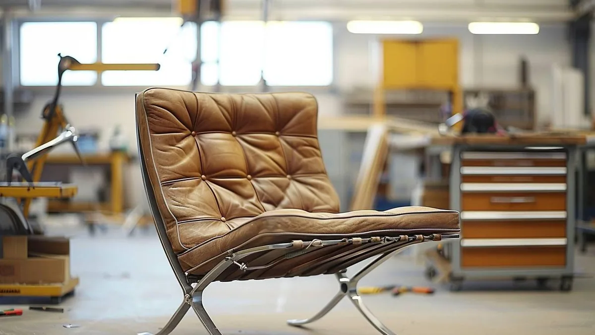 Fauteuil Wassily en cuir brun et tube d’acier chromé dans un atelier de restauration