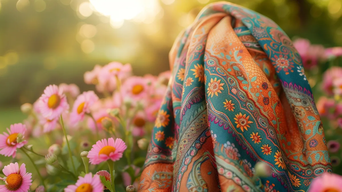 Foulard personnalisé en soie imprimée, posé à plat avec motifs colorés et bordure graphique