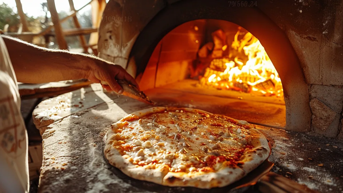 Pizza margherita à bord gonflé cuisant sur la sole d’un four à bois avec flamme latérale