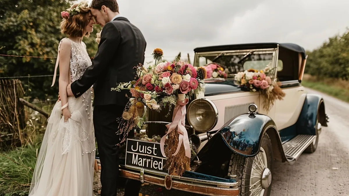 Voiture blanche de mariage décorée de fleurs pastel et de rubans sur le capot