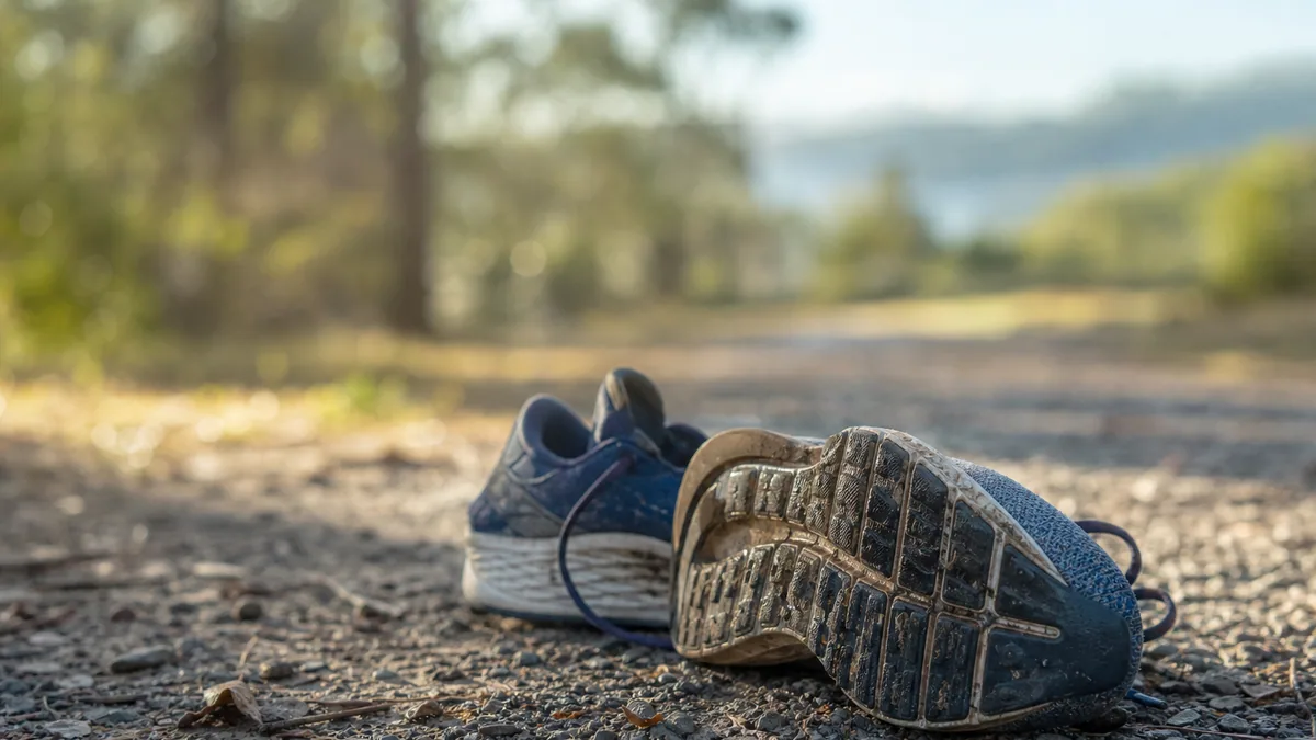 Paire de chaussures de running usées posée sur un chemin extérieur, semelle visible