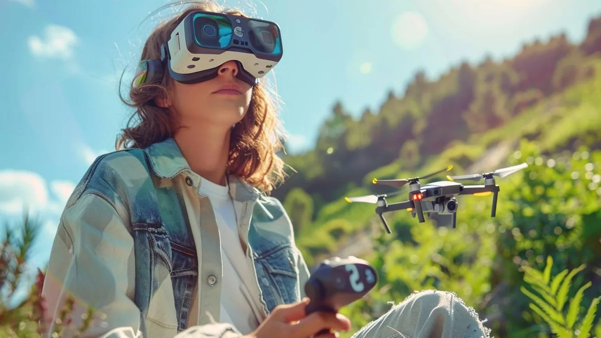 Pilote portant des lunettes FPV pendant qu’un drone quadricoptère vole dans un espace dégagé