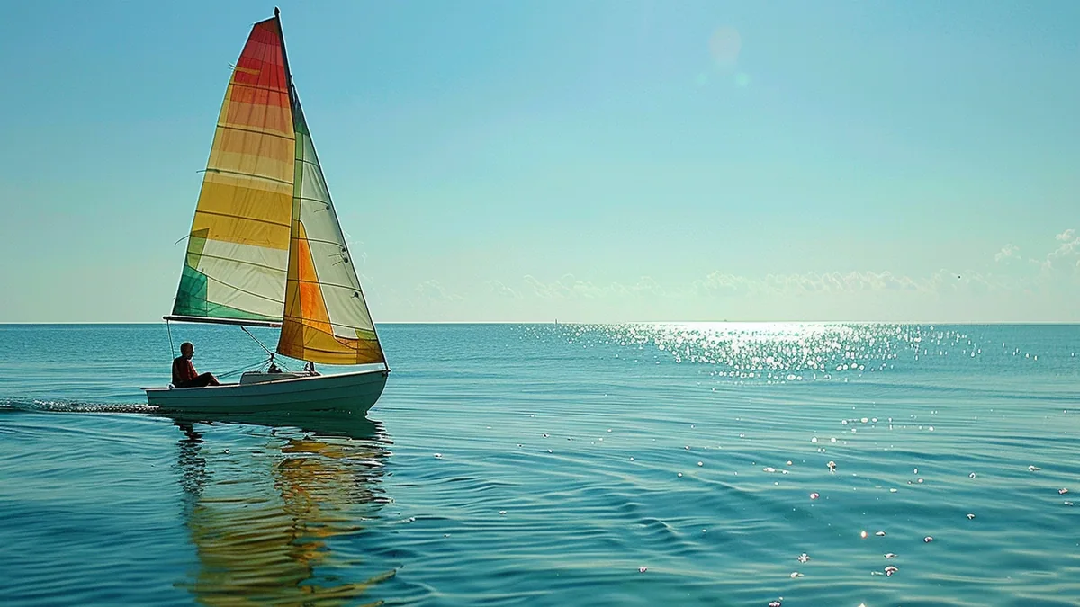 Débutants sur un voilier encadré, réglant une voile près de la côte par temps calme