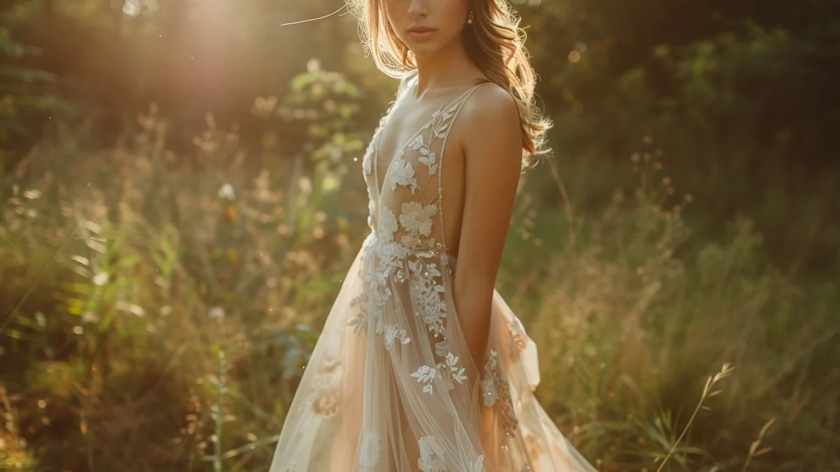 Mariée en robe bohème sur mesure en dentelle, dans un atelier de création lumineux