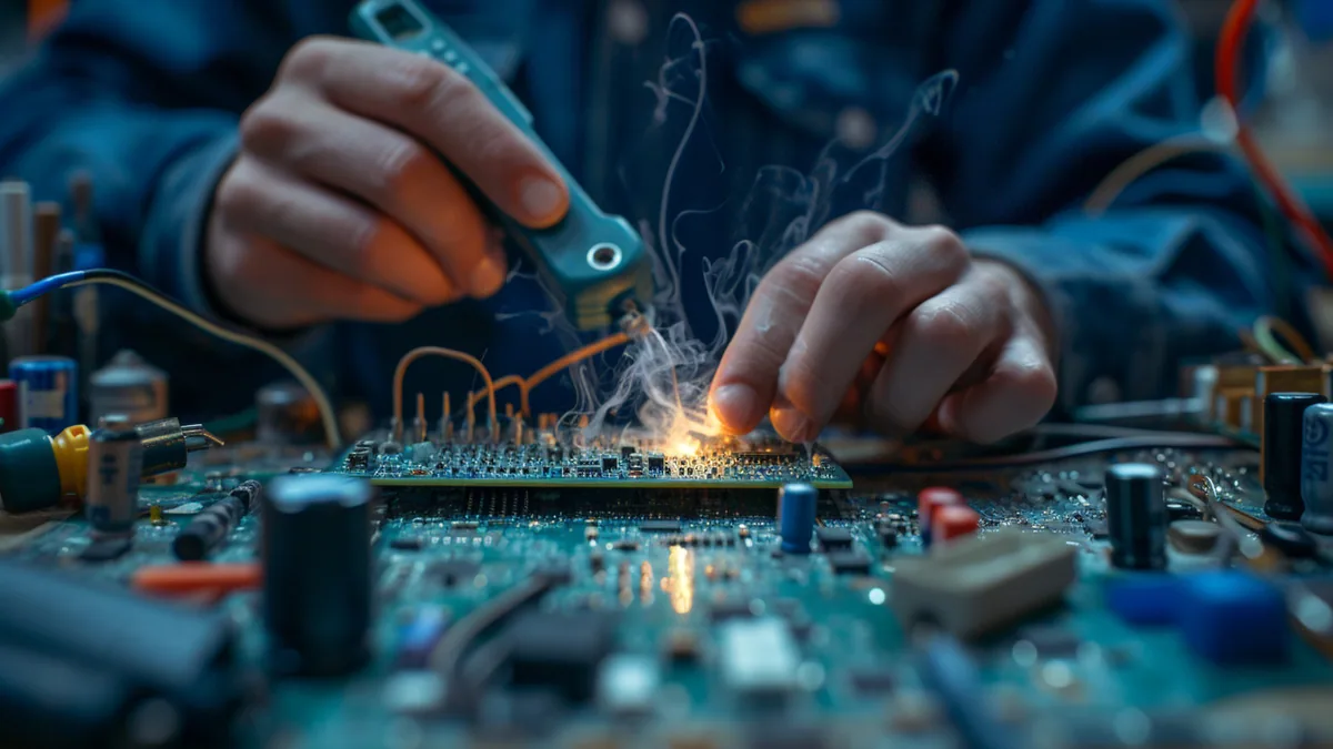 Technicien mesurant une carte électronique au multimètre près de composants CMS et condensateurs