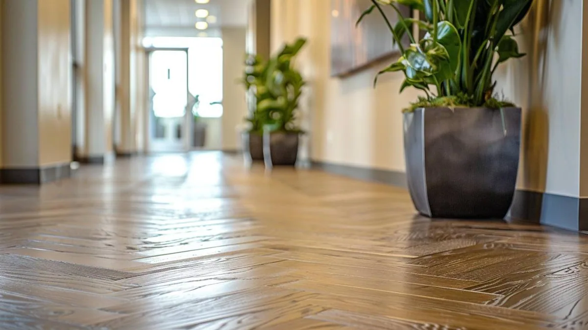 Pièce ouverte avec plancher en bois d’ingénierie clair posé dans le même sens entre salon et cuisine
