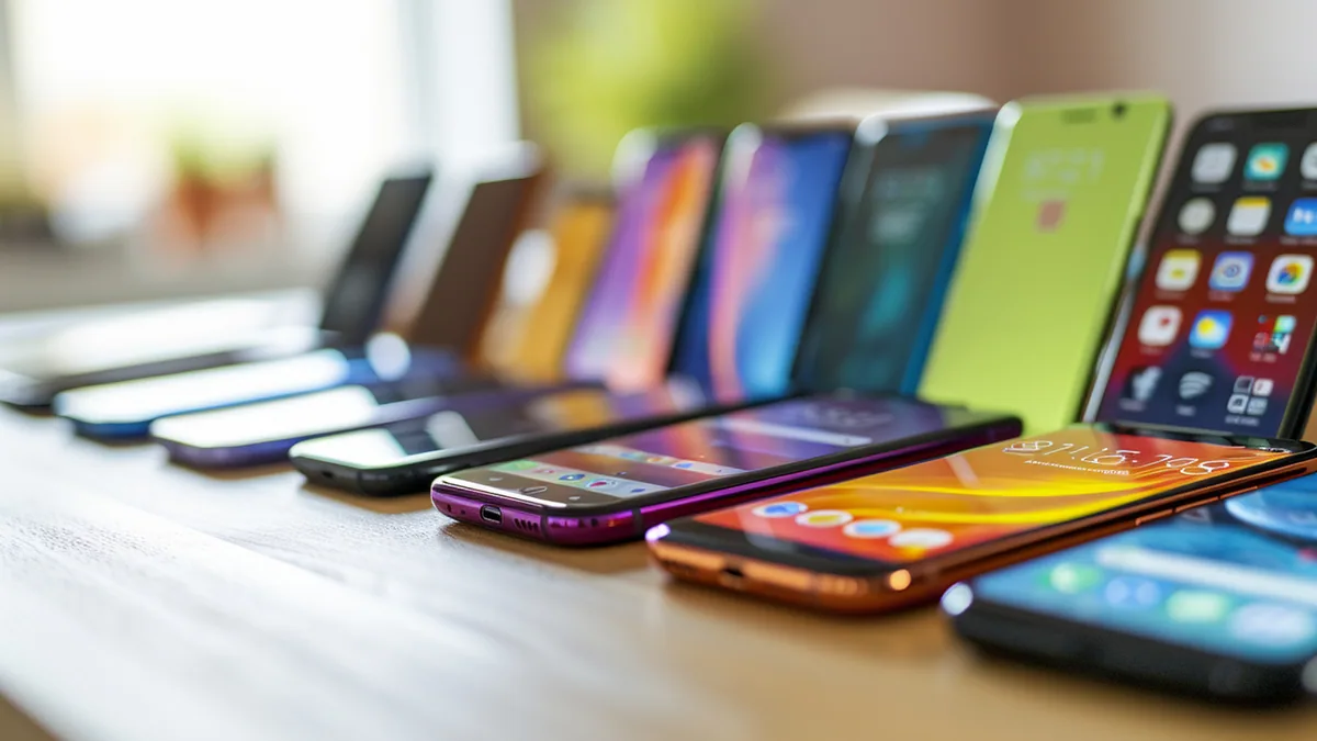 Smartphones abordables alignés sur une table, écrans allumés et étiquettes de prix visibles