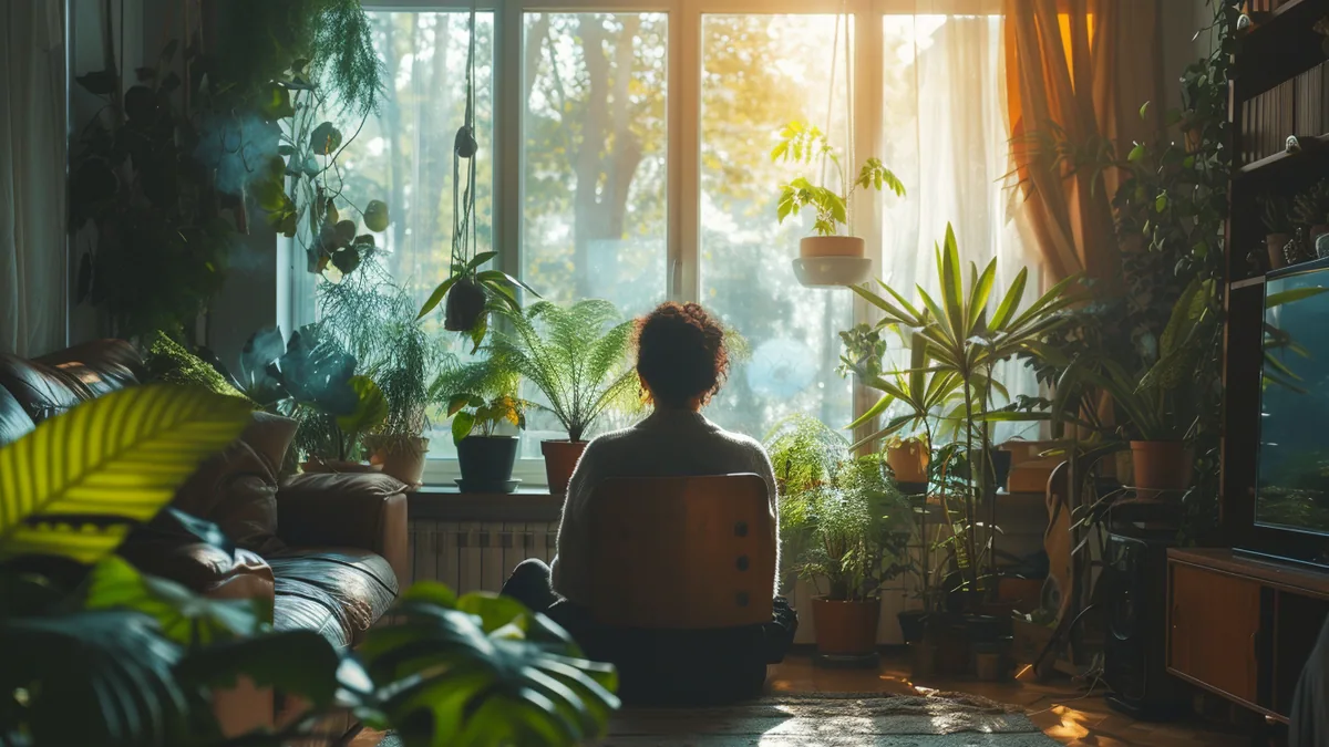 Personne assise près d’une fenêtre, tenant une tasse chaude dans une ambiance calme et lumineuse