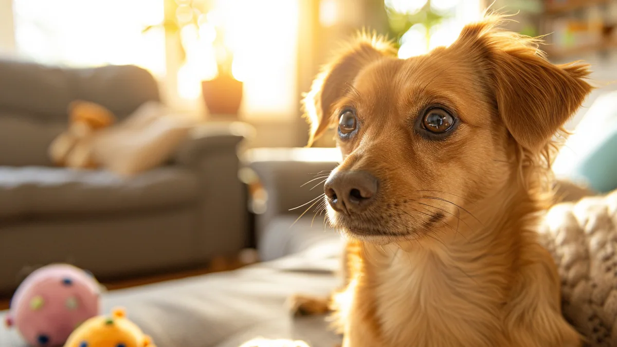 Chien allongé près de son humain dans un salon, attentif à chacun de ses déplacements