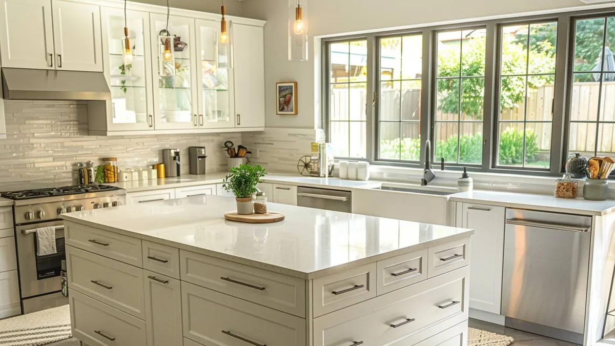 Cuisine moderne avec meubles clairs, plan de travail en bois et rangements fonctionnels