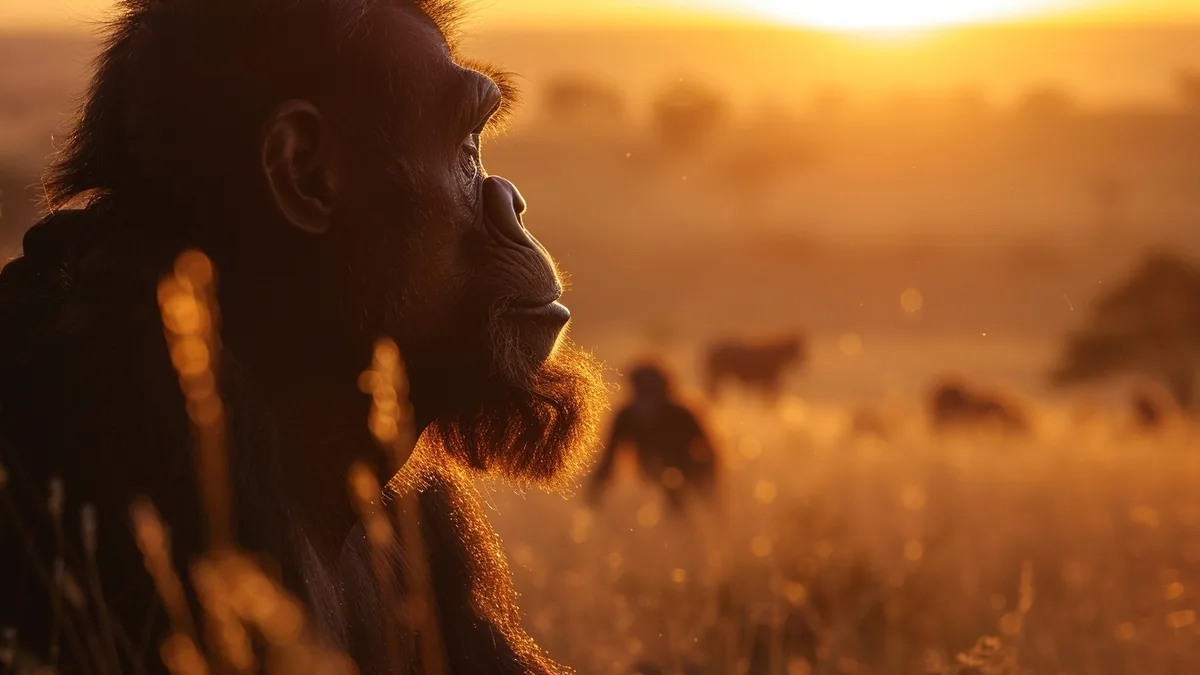 Silhouettes humaines préhistoriques devant un paysage naturel illustrant l’évolution d’Homo sapiens