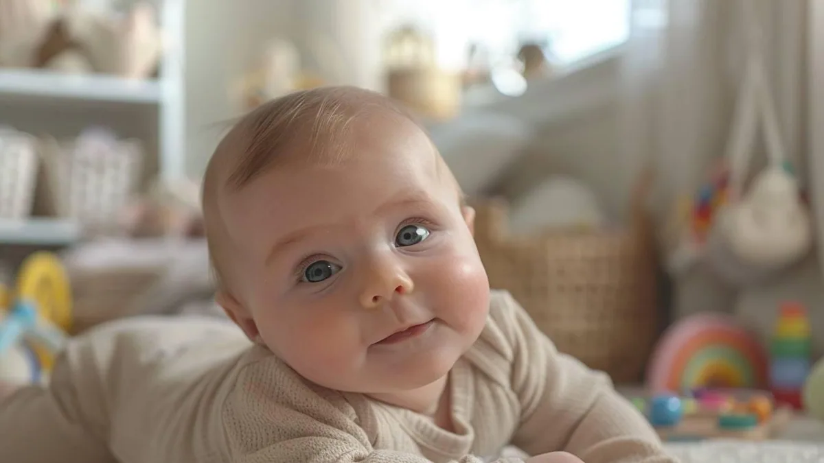 Bébé éveillé sur un tapis d’éveil, soutenu avec douceur par un parent