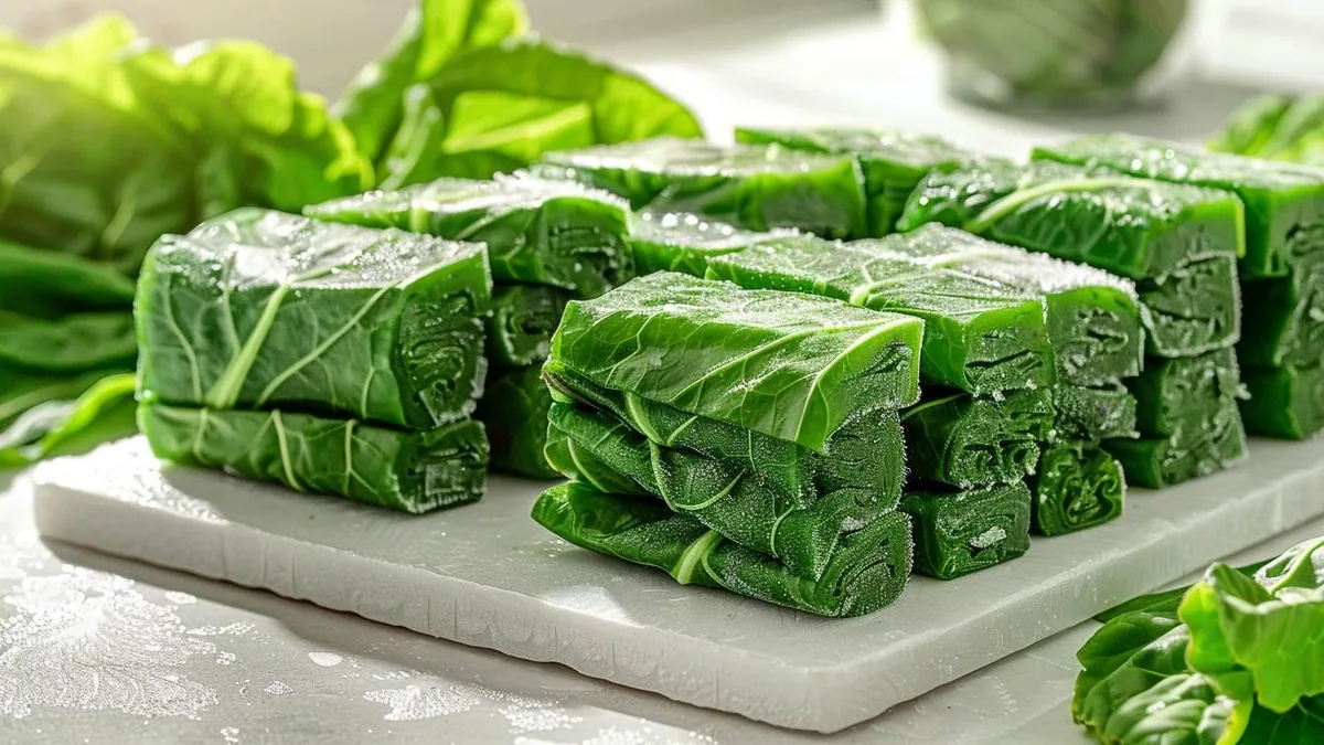 Bouquets de blettes vertes préparés en portions dans des sachets de congélation