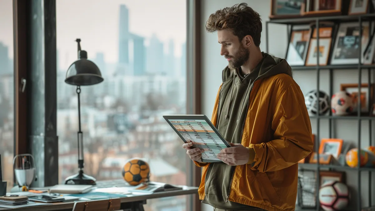 Parieur analysant des cotes de football sur ordinateur avec carnet de suivi et ballon