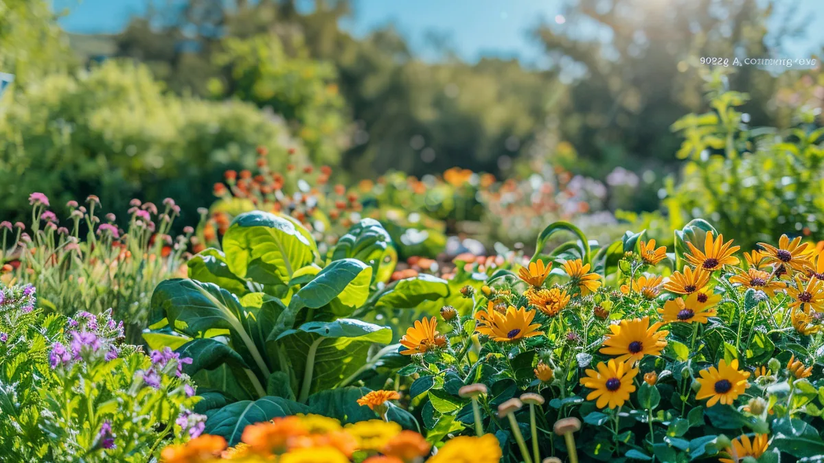 Potager familial avec rangs de légumes, paillage au sol, tuteurs en bois et arrosoir