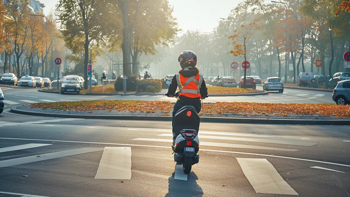Scootériste casqué abordant prudemment un carrefour giratoire en circulation urbaine