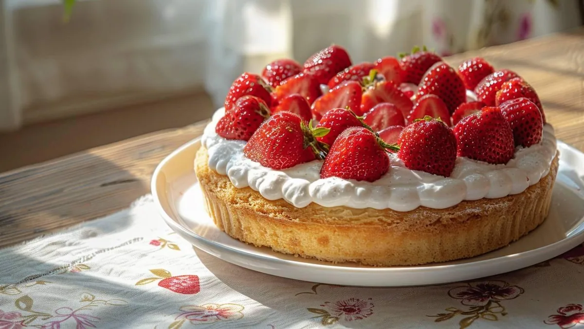 Charlotte aux fraises garnie de fruits frais sur un plat, prête à être placée au réfrigérateur