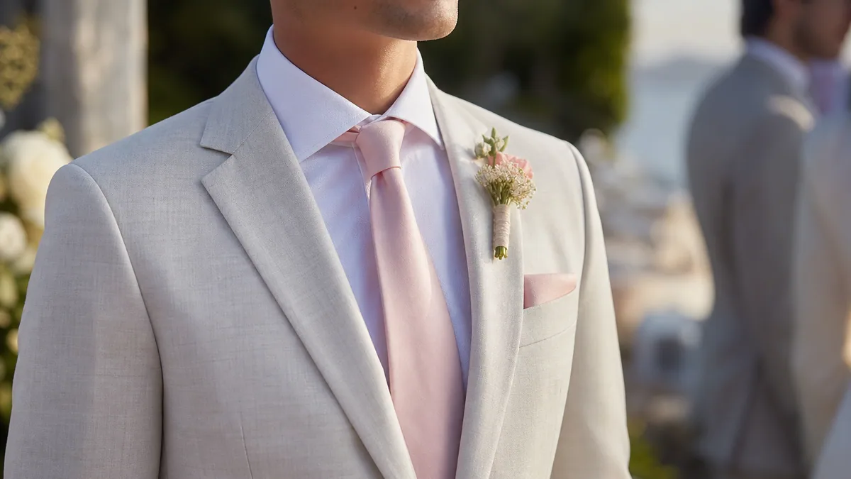Cravate bleu ciel pastel sur costume beige avec boutonnière fleurie pour un mariage d’été