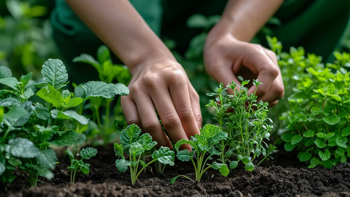 Petit jardin de plantes aromatiques et médicinales en carrés, avec étiquettes en bois