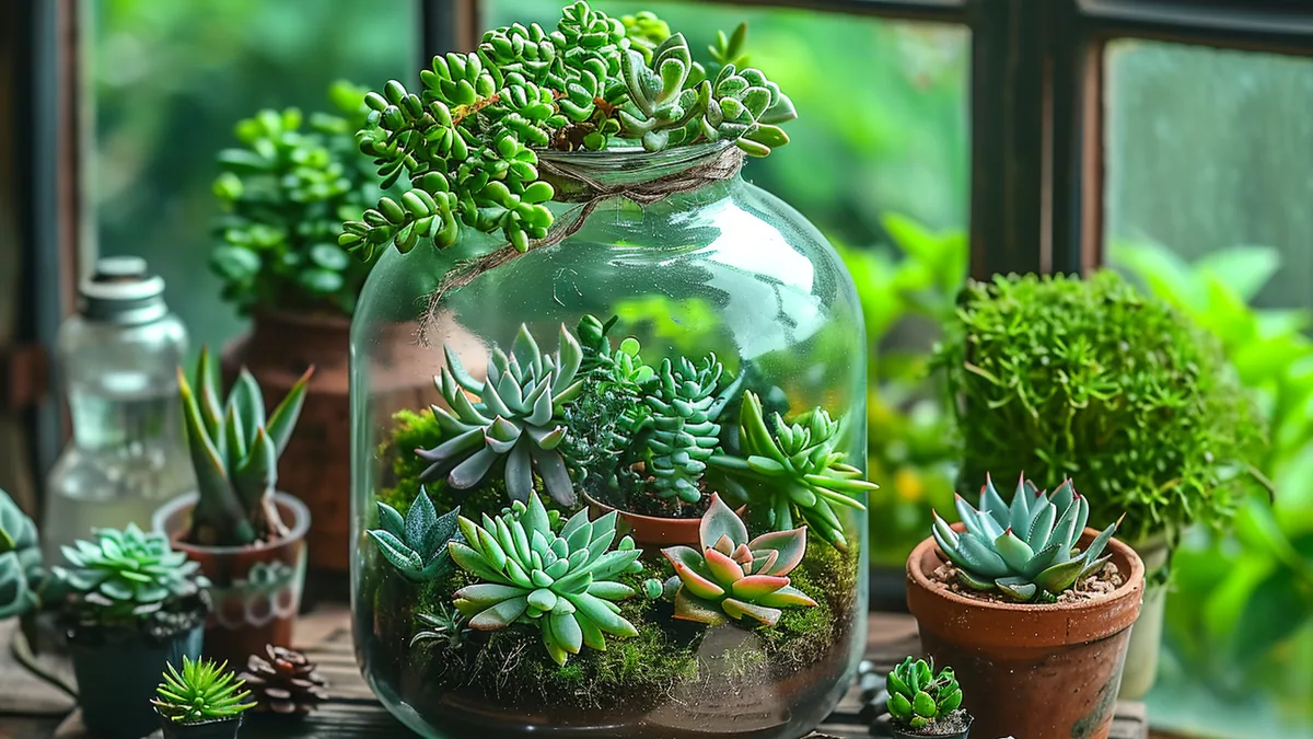 Terrarium ouvert en verre avec petites succulentes, substrat minéral et galets décoratifs