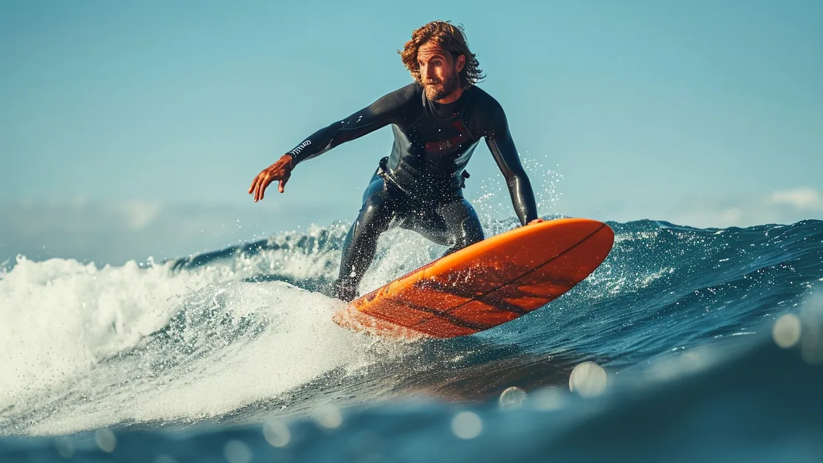 Pratiquant débutant en hydrofoil avec casque, glissant au-dessus d’un plan d’eau calme