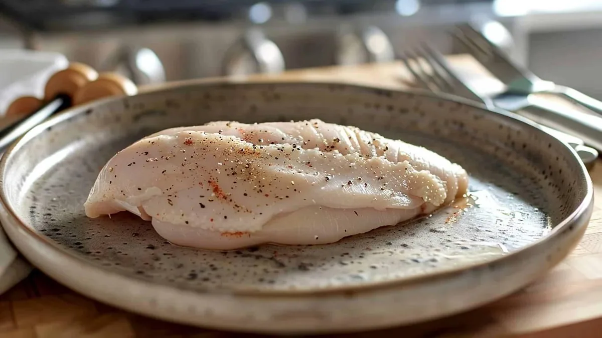 Blancs de poulet emballés dans un plat au réfrigérateur avec un thermomètre de cuisine