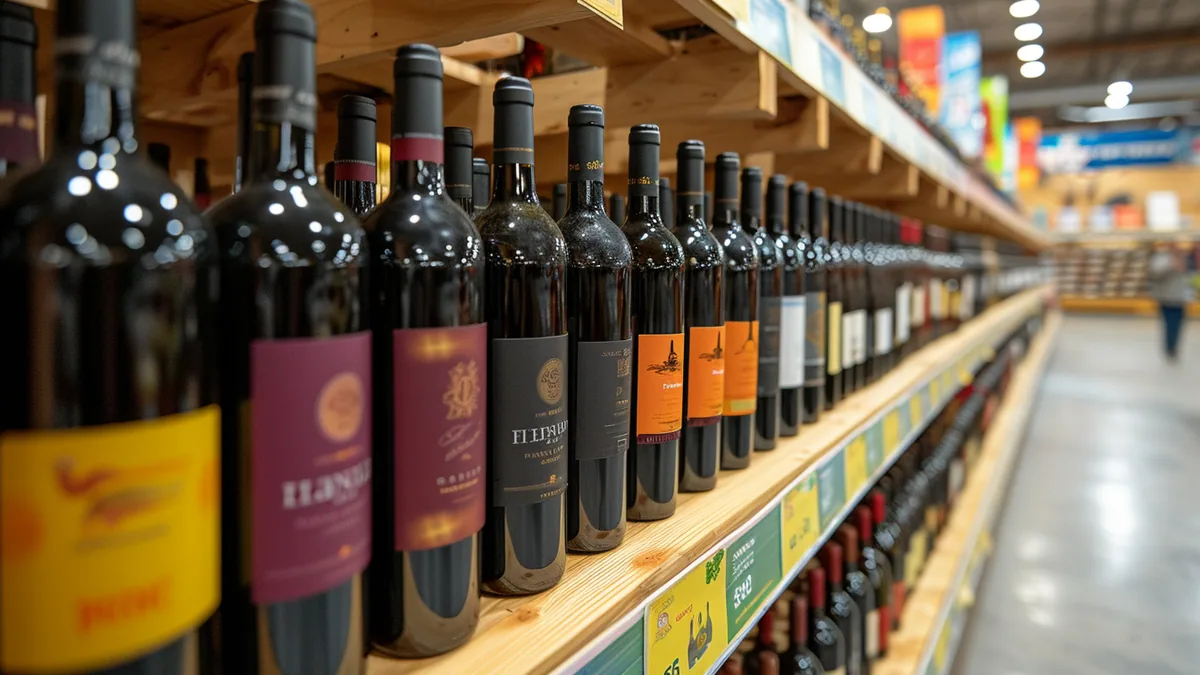 Rayon de foire aux vins de printemps avec bouteilles étiquetées et promotions chez Leclerc