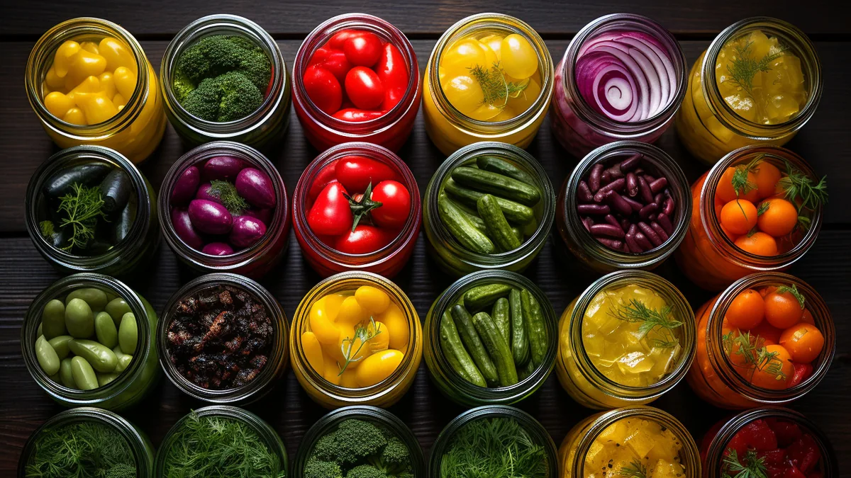 Bocaux de carottes, haricots et cornichons préparés sur un plan de travail de cuisine